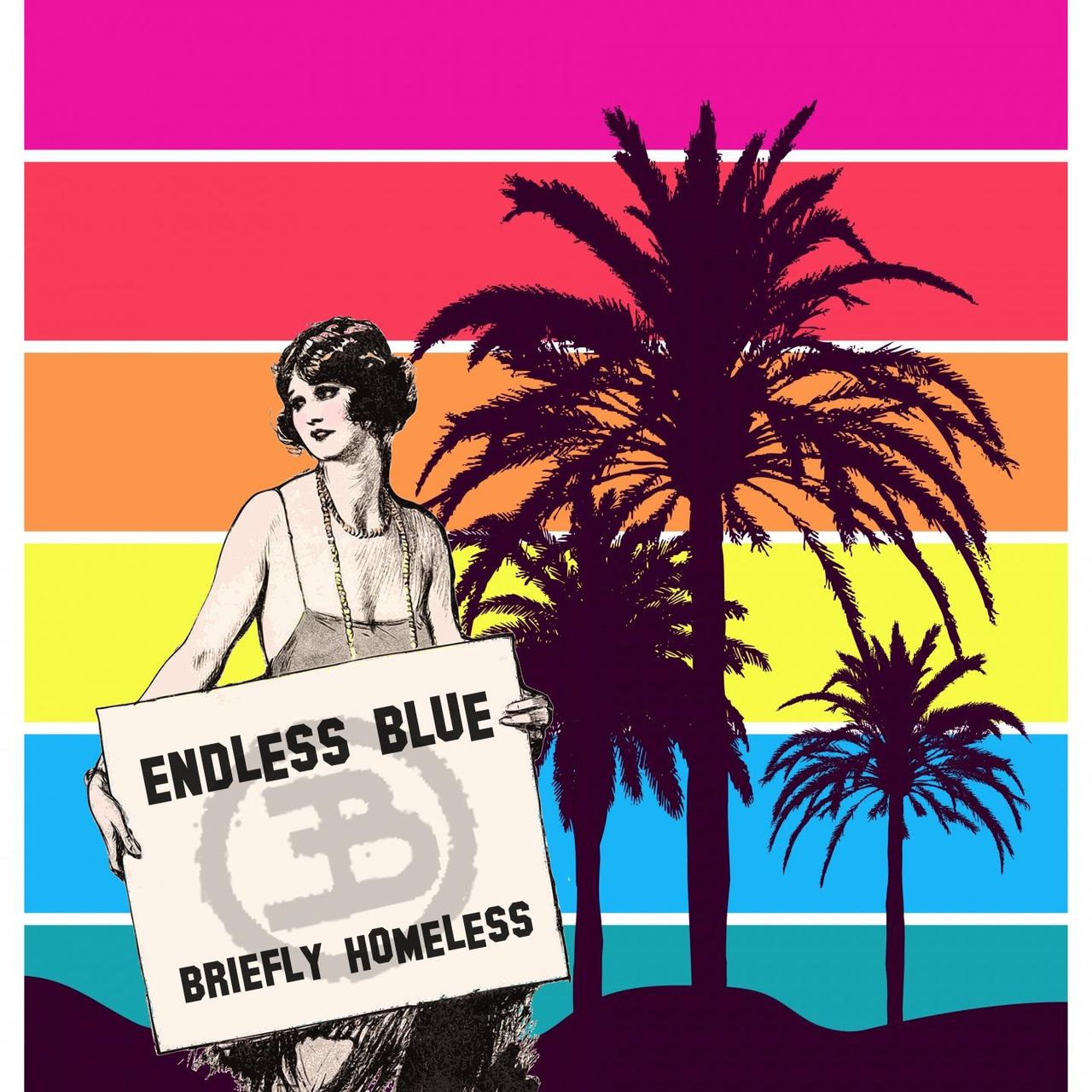 A flapper holding a cardboard sign with the Endless Blue logo in front of an 80's styled palm tree sunset